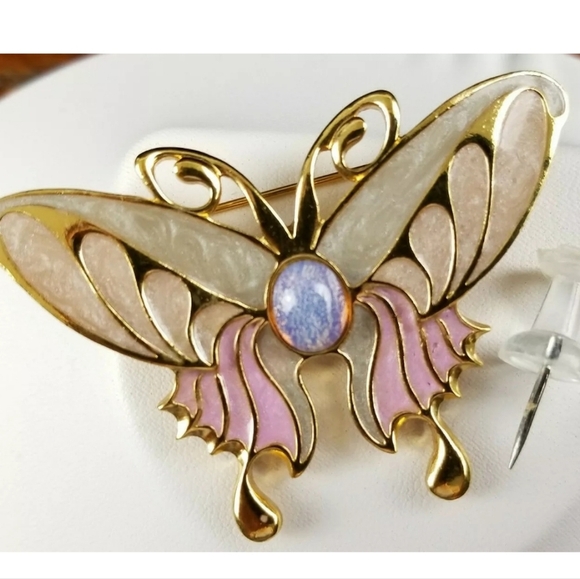 Butterfly Brooch Pin Pastel Colors Gold Colored Back Center Stone Glass Enamel - Picture 1 of 5